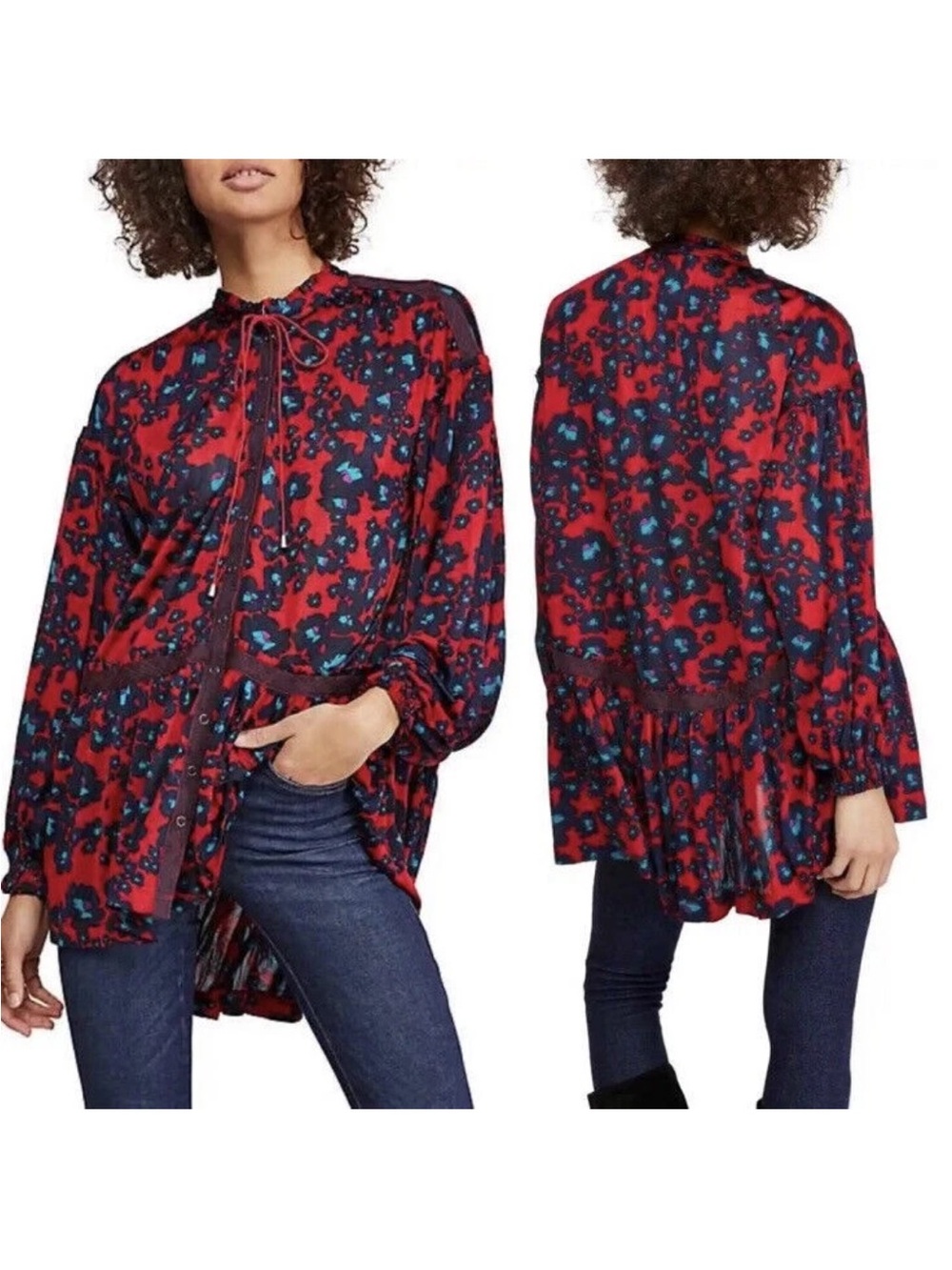 Free People Love Letter Tunic Top Mini Dress Merlot Combo Floral Red Blue